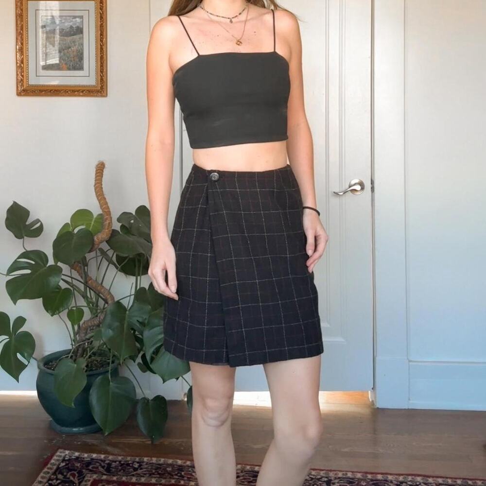 fundamental things vintage black plaid wool wrap high waisted mini skirt - Picture 1 of 4